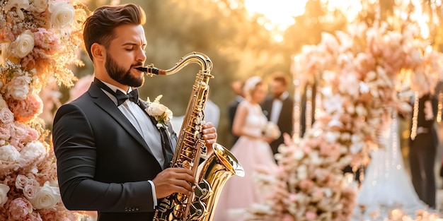 Photo a man plays the saxophone in front of a wedding photo