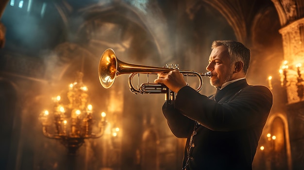 a man plays the trumpet in a church