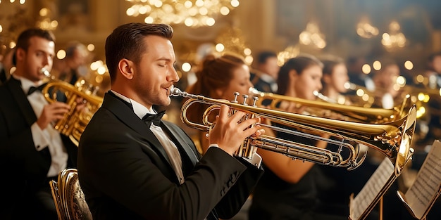 a man plays the trumpet in front of a group of people