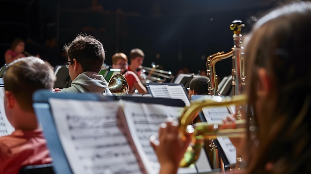 a man plays a trumpet with a band in the background