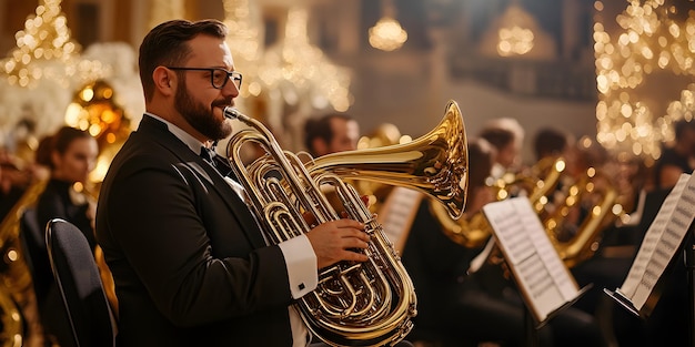 a man plays the trumpet with a band of musicians