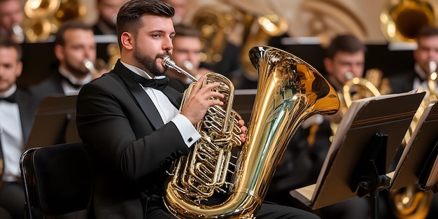 a man plays a trumpet with a band