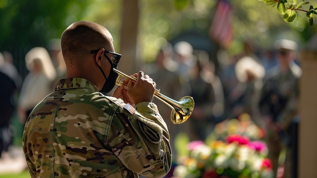 Photo a man plays a trumpet with a bunch of flowers in front of him