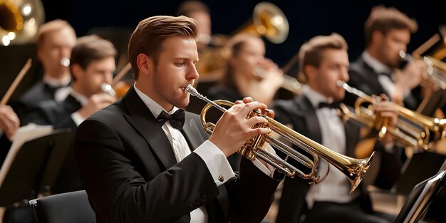 a man plays a trumpet with other musicians in the background