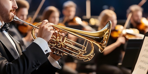 a man plays a trumpet with other musicians in the background