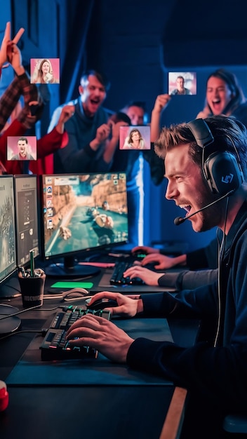 Photo man plays videogame online during stream broadcast with fans