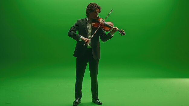 Photo a man plays a violin in front of a green screen