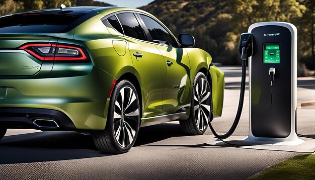 Man plugging in charger into an electric car at charge station