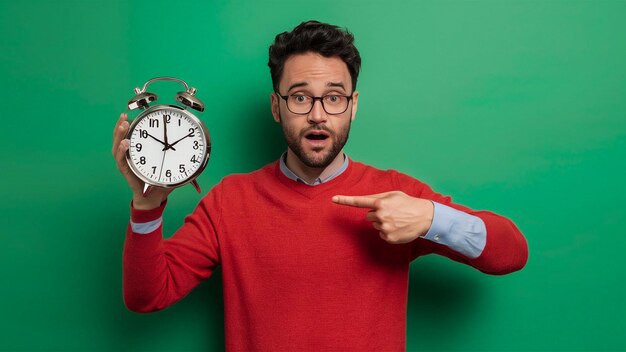 Photo a man pointing at a clock that says  he is pointing to the right