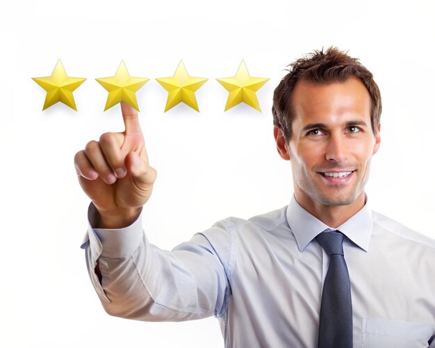 A man pointing to the customer satisfaction ratings