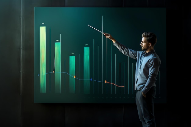 A man pointing at a graph on a blackboard