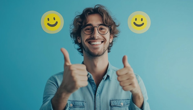 Photo man pointing on happy smiling face customer service evaluation and feedback rating concept businessman pressing excellent smiley face icon on light blue background