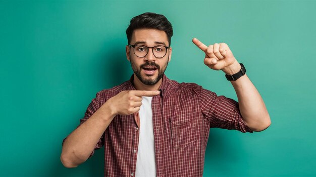 Photo a man pointing his finger at the camera with a green background