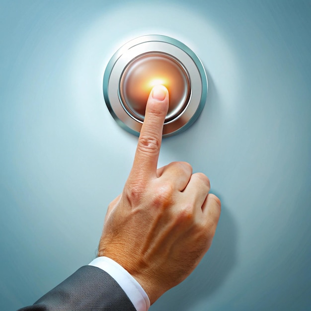 a man pointing at a light on a blue background