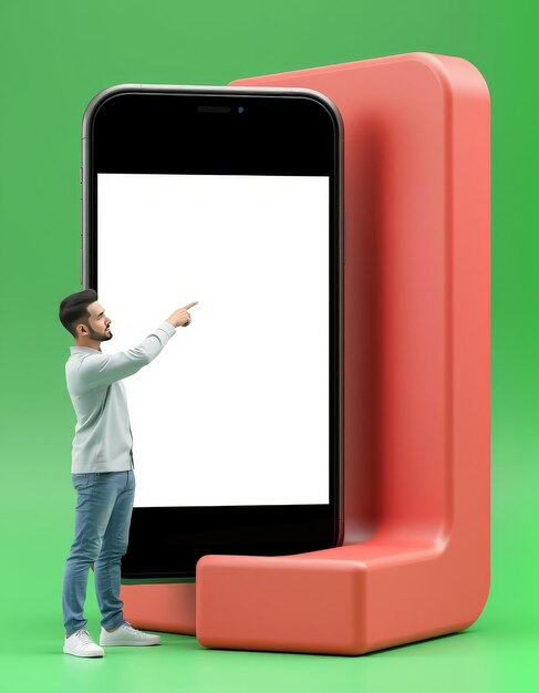 Photo a man pointing at a phone with a green background