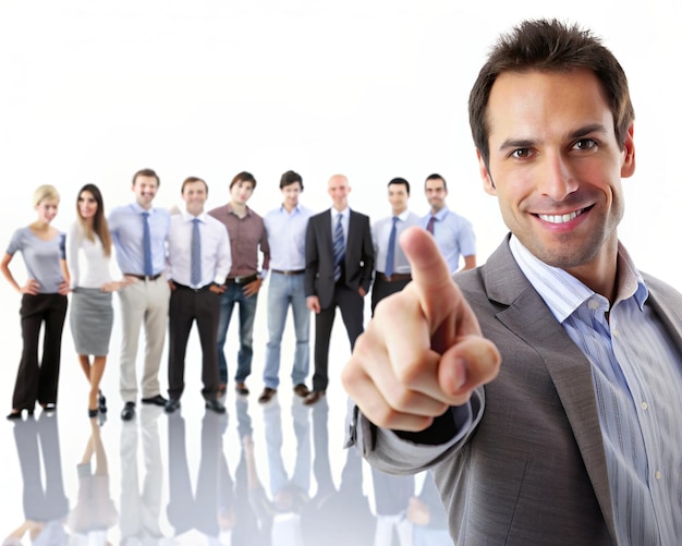 A man pointing to the teams role in achieving company goals