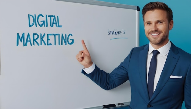 Photo a man pointing at a white board with a hand pointing at a sign that says digital marketing