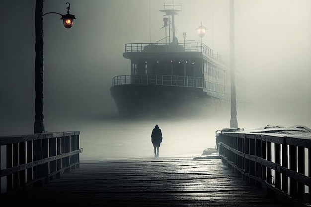 man in the port in the fog.