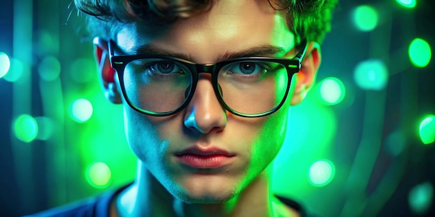 Man portrait closeup portrait in glasses fashion and style emotion hipster teen lifestyle portrait green background mixed neon light copy space