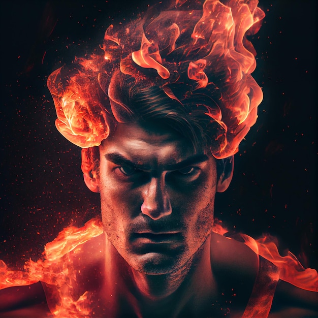 Man portrait on fire epic avatar 3d render illustration