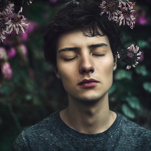 Man portrait with closed eyes and flowers in background 3d rendering