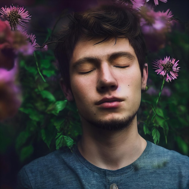 Man portrait with closed eyes and flowers in background 3d rendering