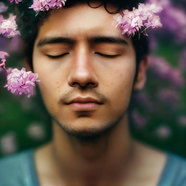 Man portrait with closed eyes and flowers in background 3d rendering