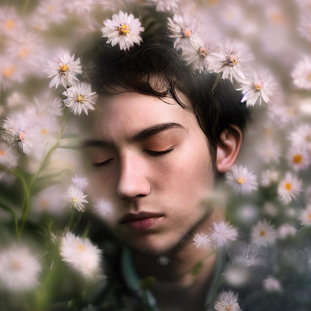 Man portrait with closed eyes and flowers in background 3d rendering