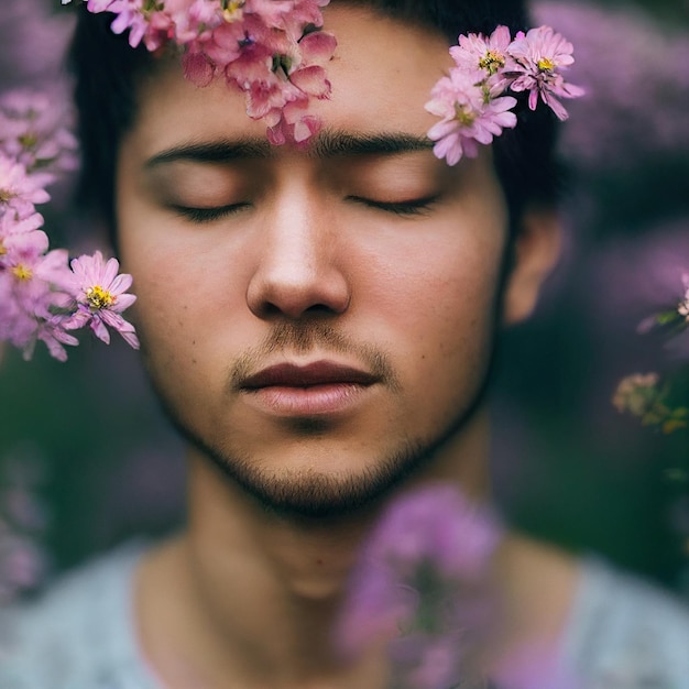 Man portrait with closed eyes and flowers in background 3d rendering