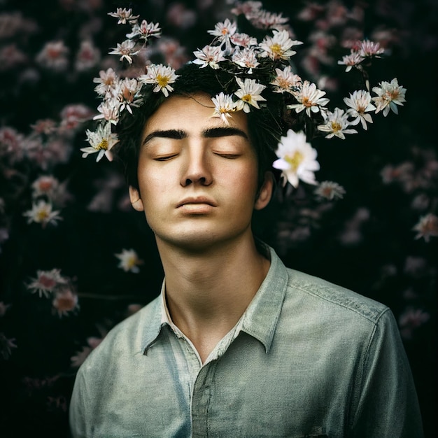 Man portrait with closed eyes and flowers in background 3d rendering