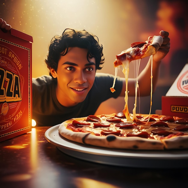 a man poses next to a box of pizza with a pizza in front of him