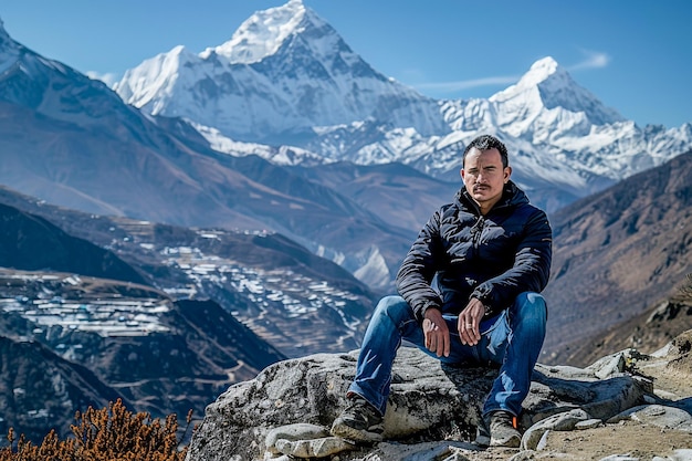 Man Posing Against Majestic SnowCapped Mountain Range