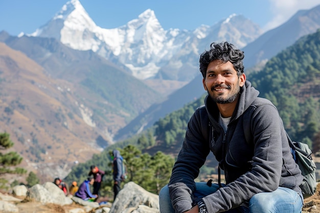 Man Posing Against Majestic SnowCapped Mountain Range