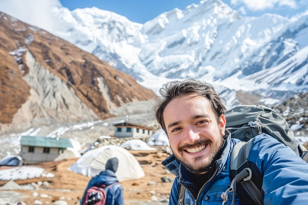 Man Posing Against Majestic SnowCapped Mountain Range