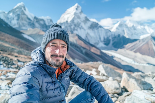 Man Posing Against Majestic SnowCapped Mountain Range