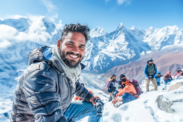 Man Posing Against Majestic SnowCapped Mountain Range