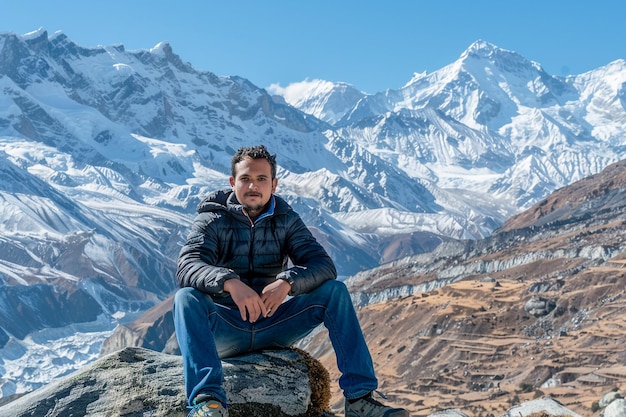 Man Posing Against Majestic SnowCapped Mountain Range