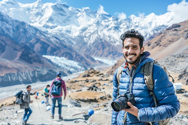 Man Posing Against Majestic SnowCapped Mountain Range