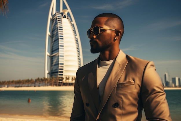 Man Posing in front of Burj Al Arab Generative Ai