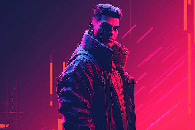 Man posing like a hero on a neon background purple and blue lights generative ai