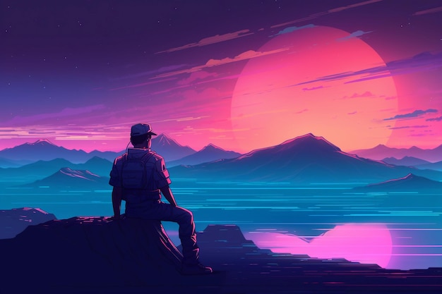 man posing on a mountain looking to the horizon vaporwave background 80's style