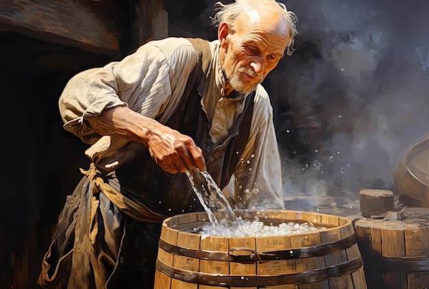 a man pouring beer from a wooden barrel outside in the style of light yellow and gold