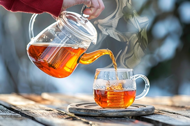 Man pouring black tea into a cup from french express