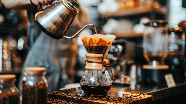 Photo a man pouring coffee into a cup with a coffee pot on it