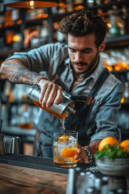 Photo a man pouring a drink into a glass with a drink in it