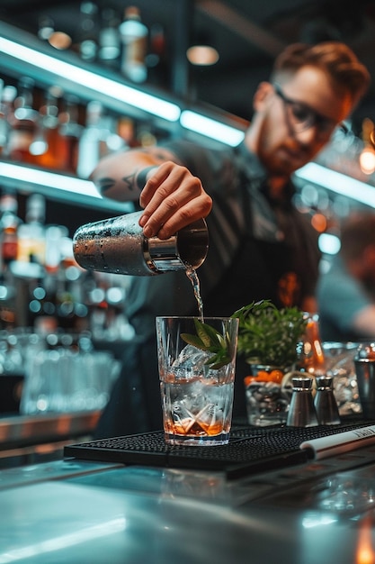 Photo a man pouring a drink into a glass with a drink in it