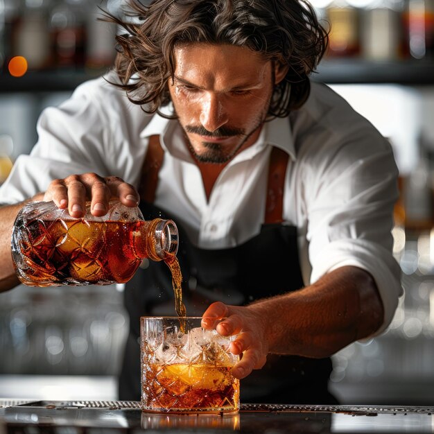 Photo a man pouring a drink into a glass with a drink in it