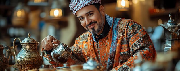 Photo man pouring tea in traditional attire realistic photo