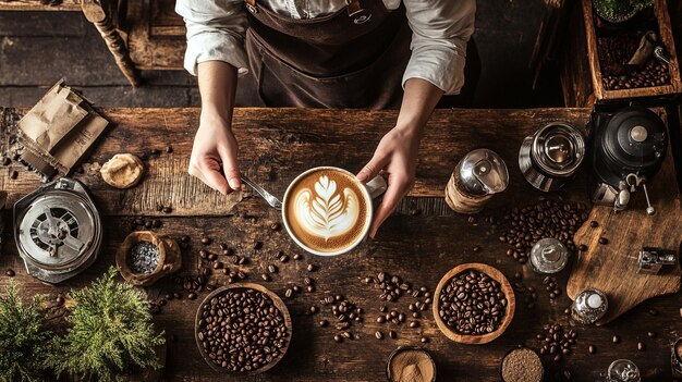 Photo a man pours coffee from a cup of coffee