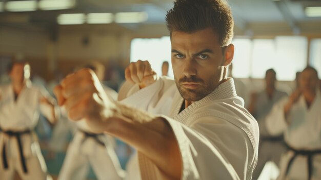 Photo a man practices karate moves in a white shirt and pants ready for action